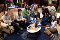 Sarah-Jane Redmond with the cast of Lies Between Friends. Photo courtesy of daemonstv.com.