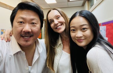Sarah-Jane-Redmond having fun behind the scenes with fellow Bad Genius co-stars Benedict Wong and Callina Liang