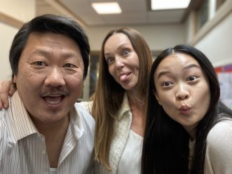 Sarah-Jane-Redmond having fun with fellow Bad Genius co-stars Benedict Wong and Callina Liang